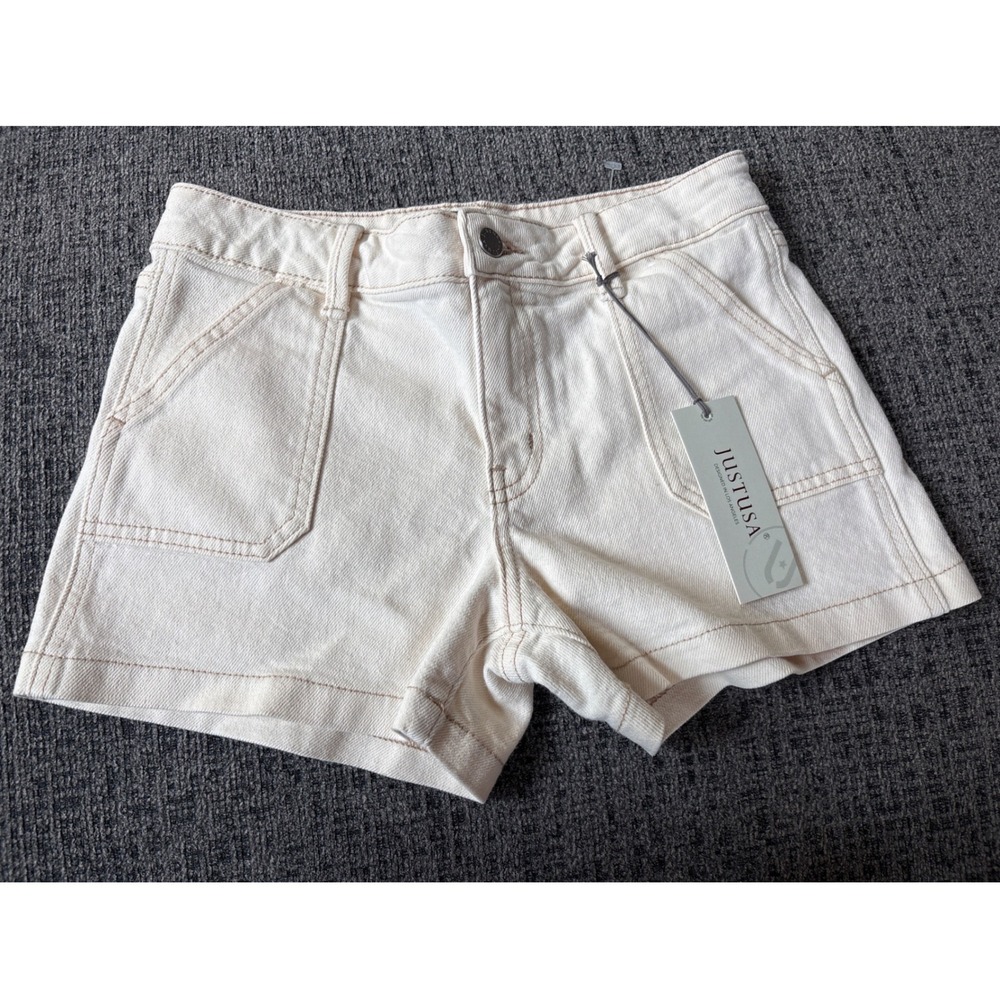 NWT JUSTUSA Girls White Contrast Stitching Patch Pocket Denim Shorts AB-404G 14